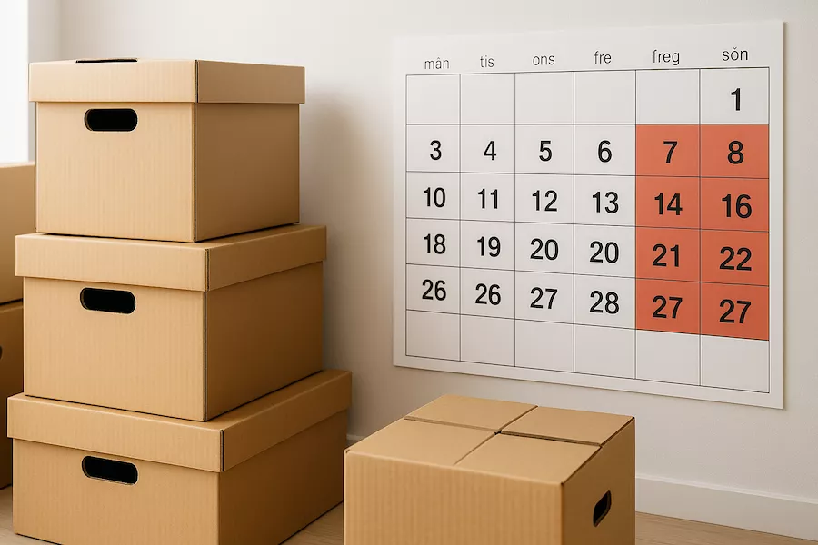Flyttkartonger och kalender med markerade vardagar och helgdagar